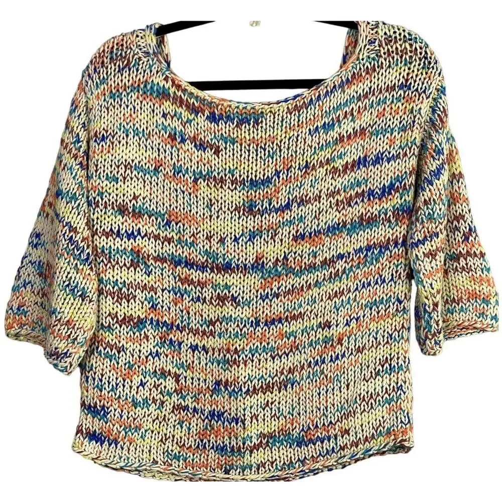 Zara Chunky Knit Relaxed Sweater 3/4 Sleeve Scoop Back S Multicolorfull Cream